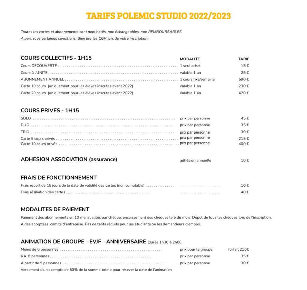 Tarif Polemic Studio - 2022-2023
